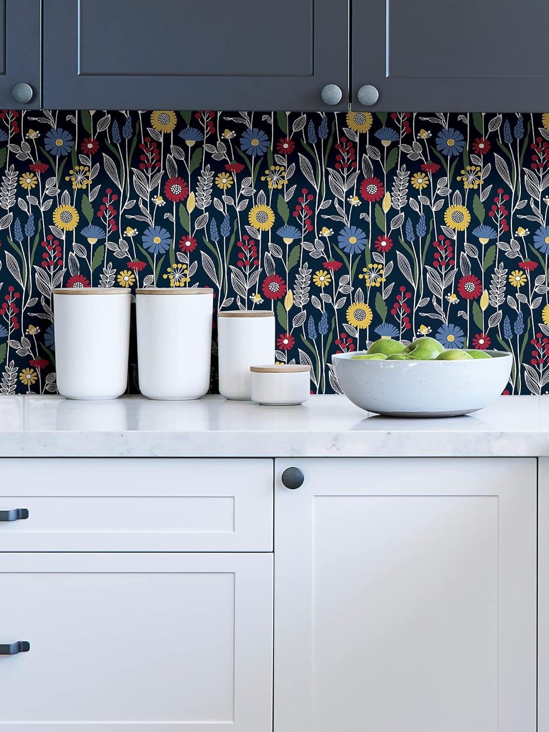 NuWallpaper Navy Jane Peel and Stick Wallpaper: Removable Floral Botanical PVC, Self-Adhesive, 30.75 Sq Ft Coverage