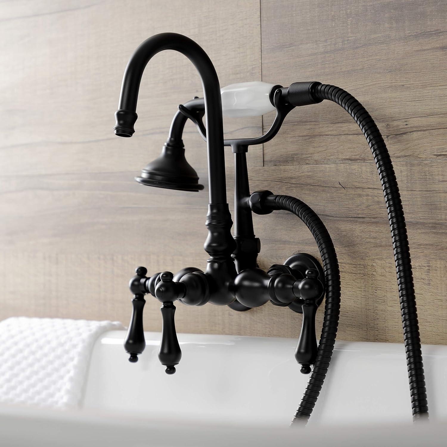 Kingston Brass Aqua Vintage Three-Handle 2-Hole Tub Wall Mount Clawfoot Tub Faucet with Hand Shower