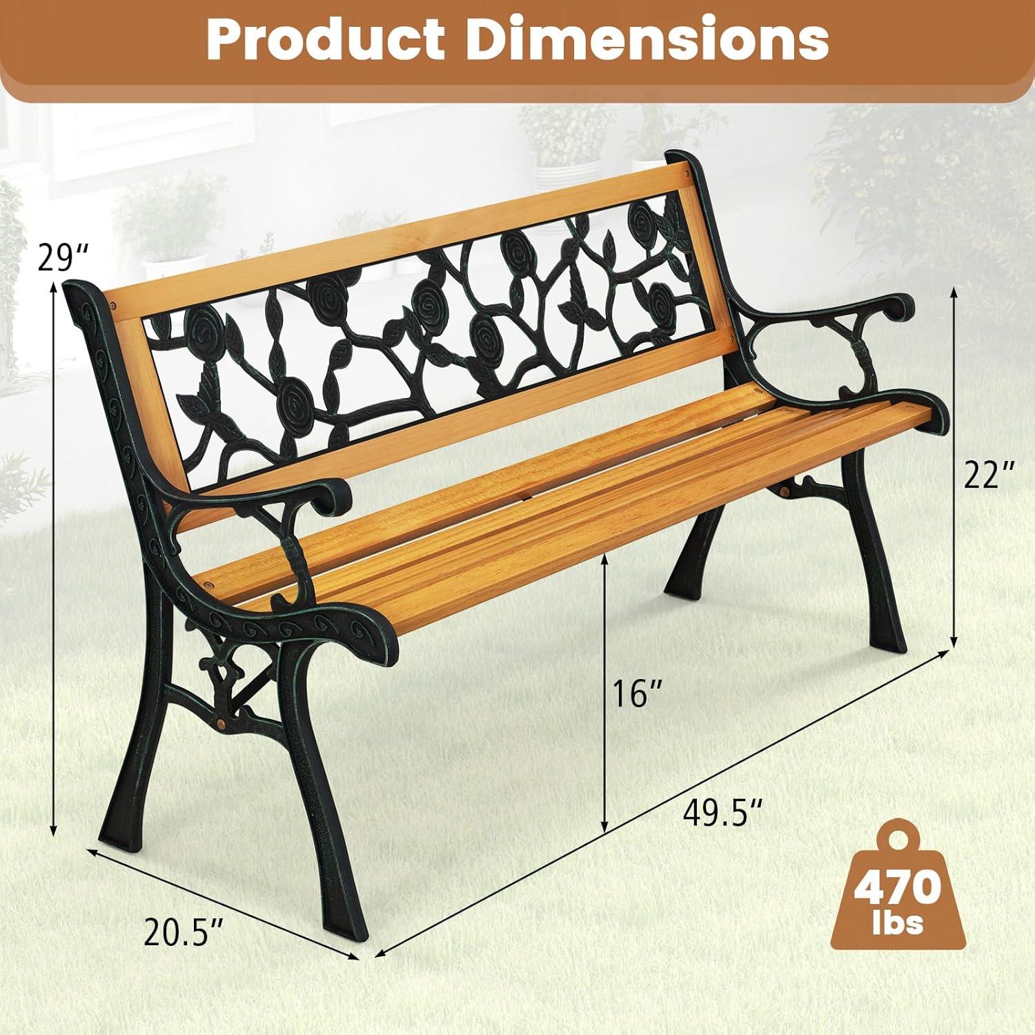 Tangkula Garden Cast Iron Bench Porch Path Loveseat Hardwood Chair for Patio Park