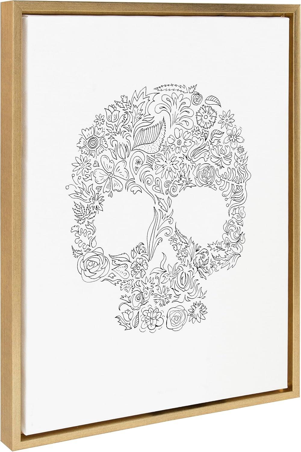 Kate & Laurel All Things Decor 18"x24" Sylvie Skull Print Framed Canvas Wall Art by Viola Kreczmer Gold Black and White Floral