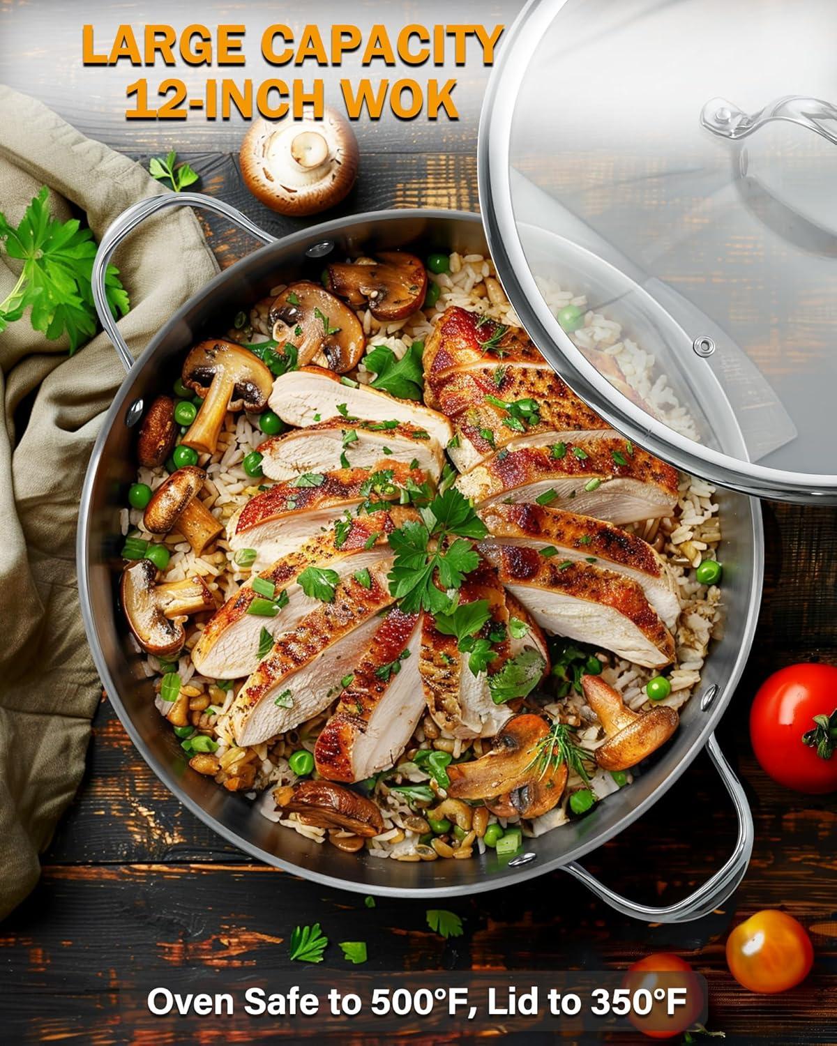 Cooks Standard Wok Stir Fry Pan with Glass Lid, Classic Stainless Steel 12-Inch/30cm Everyday Chef's Pan, Silver