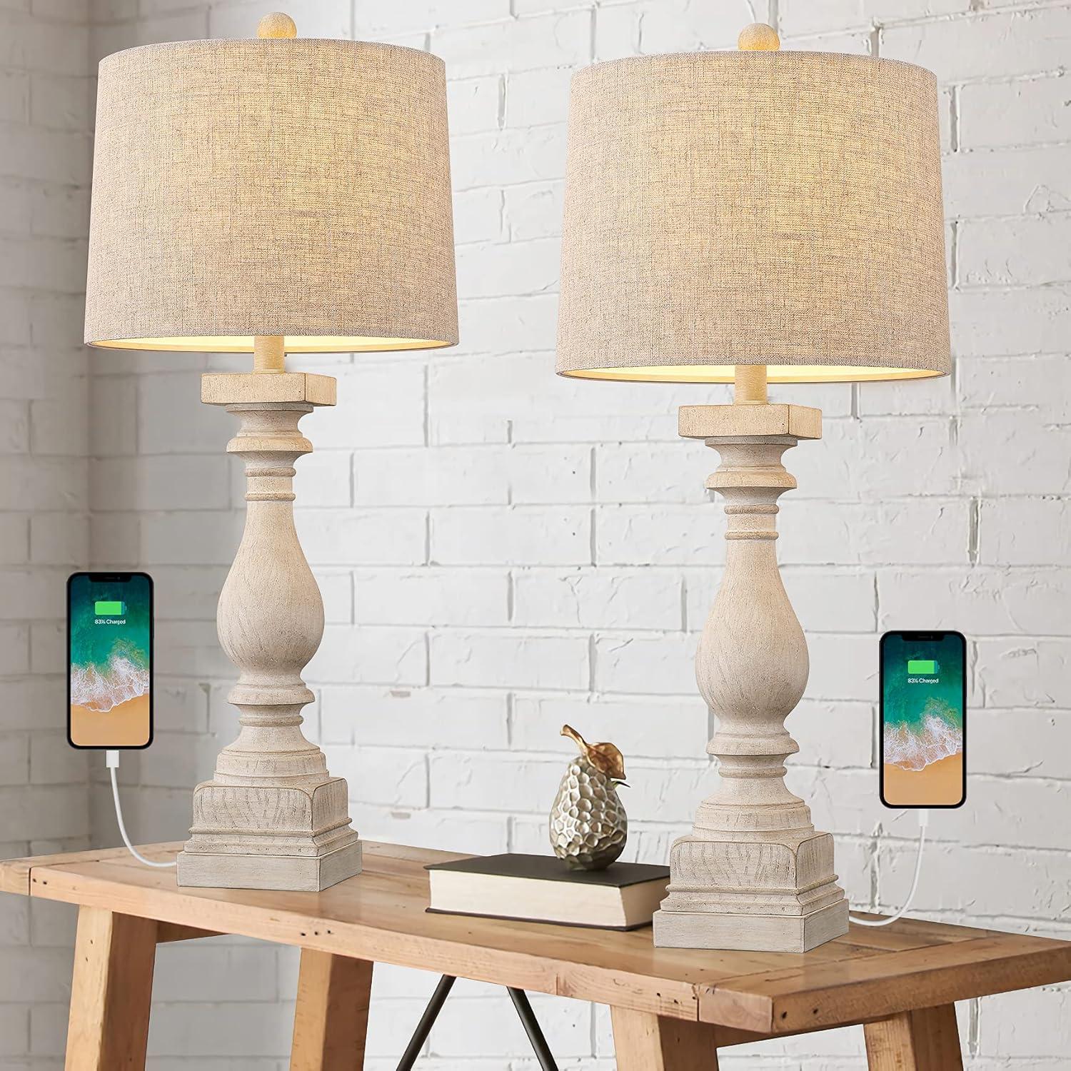 27" Farmhouse 3-Way Dimmable Touch Control Table Lamp Set of 2 with USB A &USB C Charging Ports for Bedroom Living Room Vintage Rustic Traditional Nightstand Bedside Lamps (2 Bulbs Included)