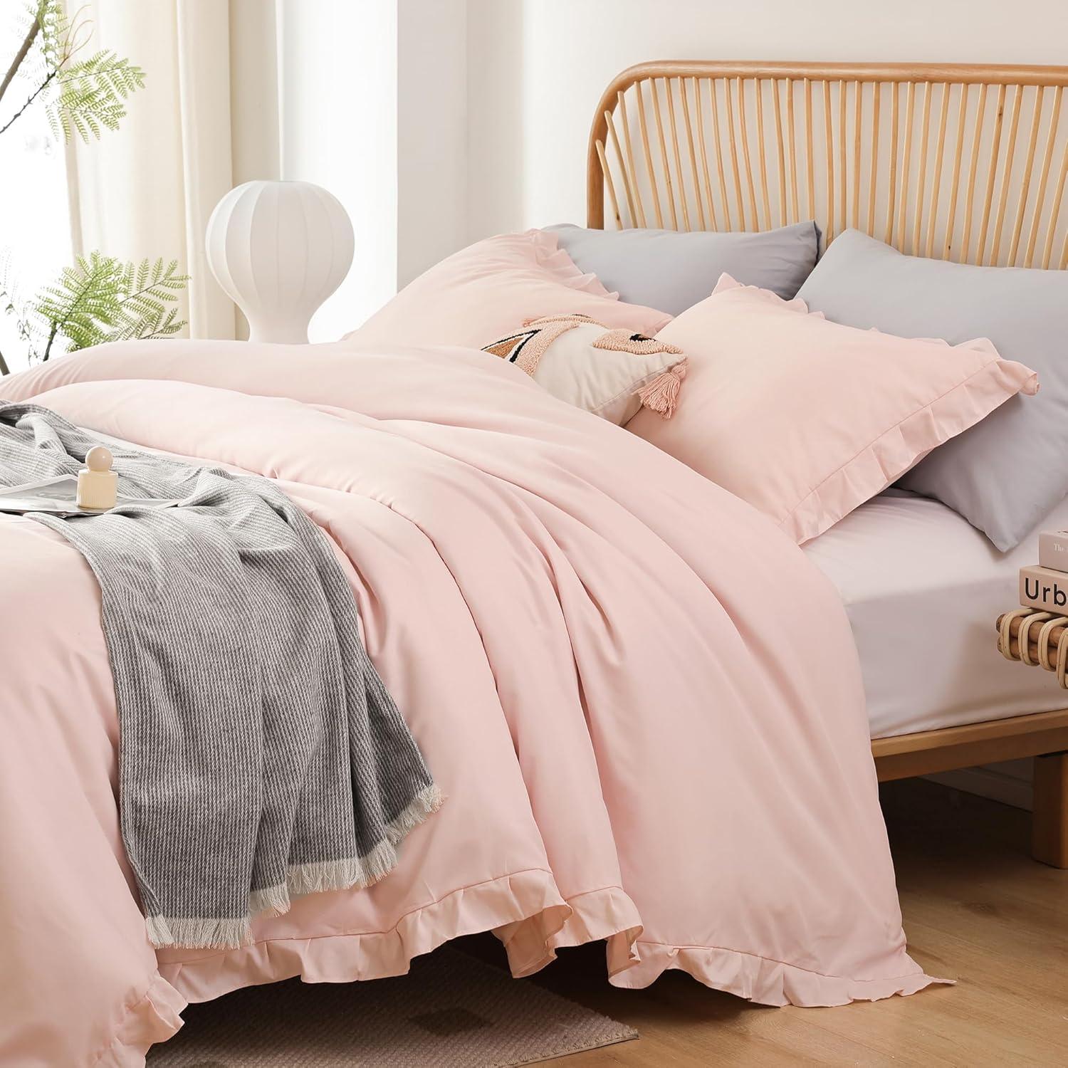 SPRINDAY Full Size Comforter Set For Adult, 3 Piece Ruffle Pink Comforter Sets All Season