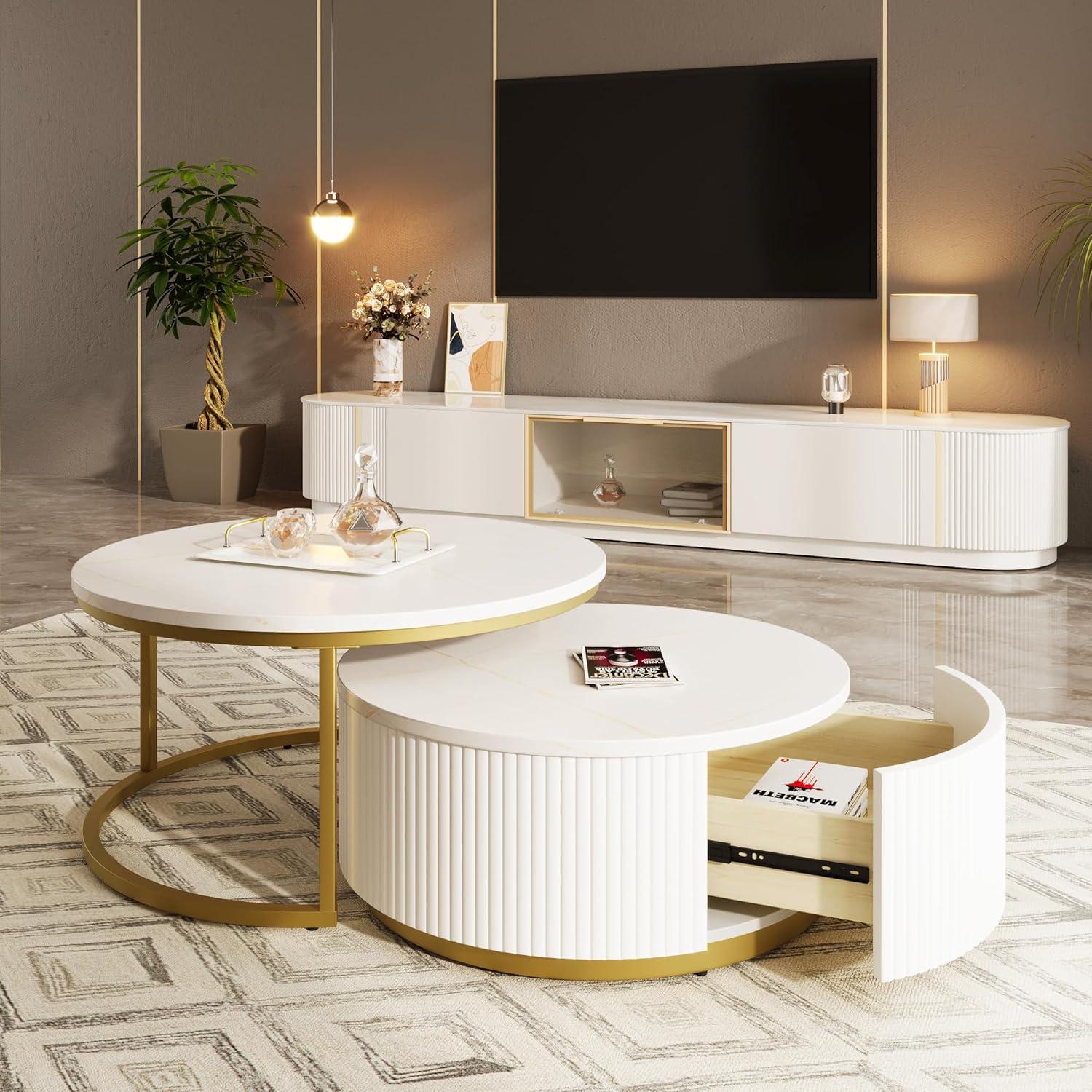 Modern Round Nesting Coffee Table Fluted with Drawer Multiple End Tables Utility Table Telephone Table for Living Room Office Bedroom Balcony, White & Gold