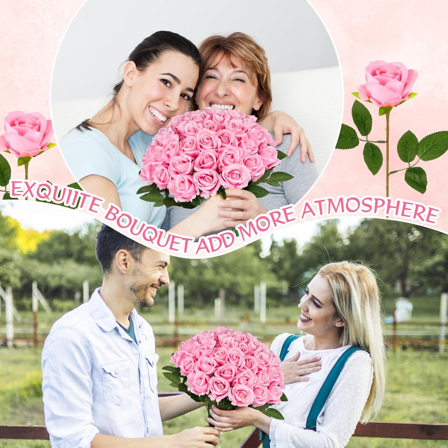 50 Pcs Artificial Rose Flower Realistic Silk Roses with Stem Bouquet of Flowers Plastic Flowers Real Looking Fake Roses for Home Wedding Centerpieces Party Decorations (Black)