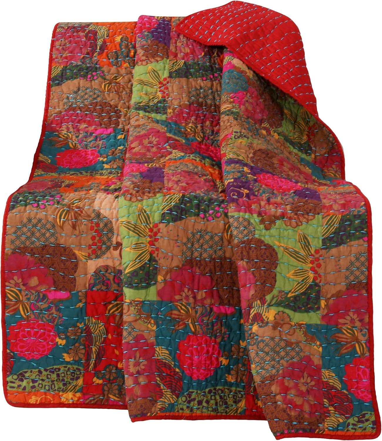 Greenland Home Fashions  Jewel 100% Cotton Kantha-Quilted Boho Floral Throw Blanket Red