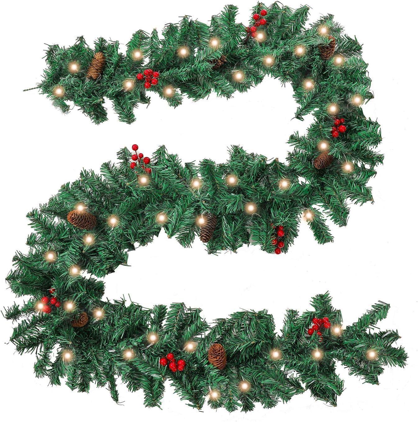 9 ft Pre-Lit Green Christmas Garland with Red Berries and Pine Cones