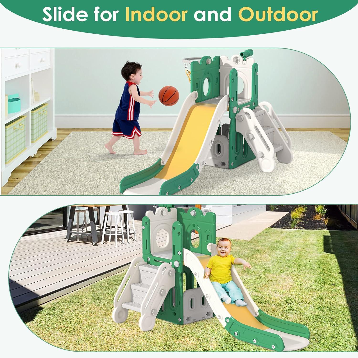 Green and Yellow L-Shaped 7-in-1 Toddler Slide with Basketball Hoop