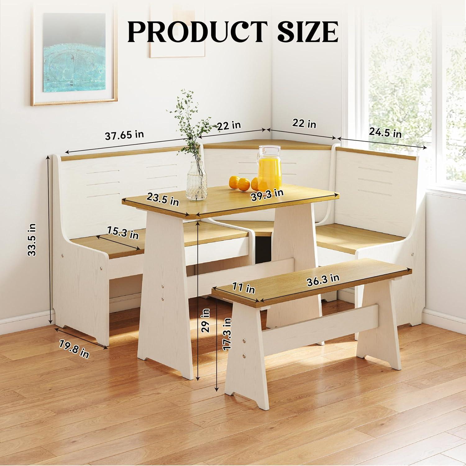 Breakfast Nook Corner Dining Table Kitchen Bench Chair Set, Space-Saving 3-5 People Seat Reversible L-Shape for Family Home White Wood