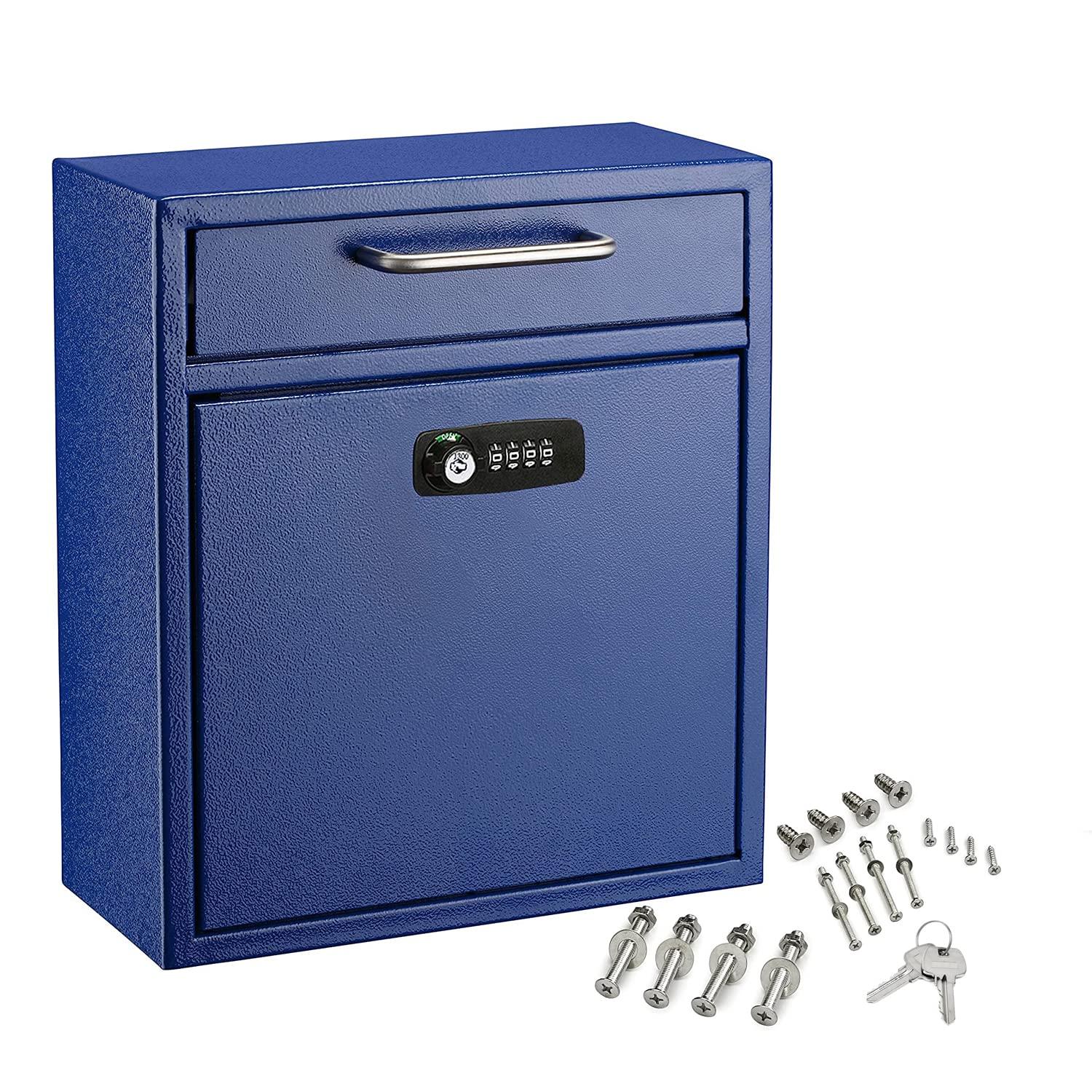 AdirOffice Ultimate Drop Box Wall-Mounted Mailbox - Hanging Secured Postbox - Durable Spacious Key or Combination Lock Box Great for After Hours Deposits Payments Key and Letter Drops (Medium, Blue)