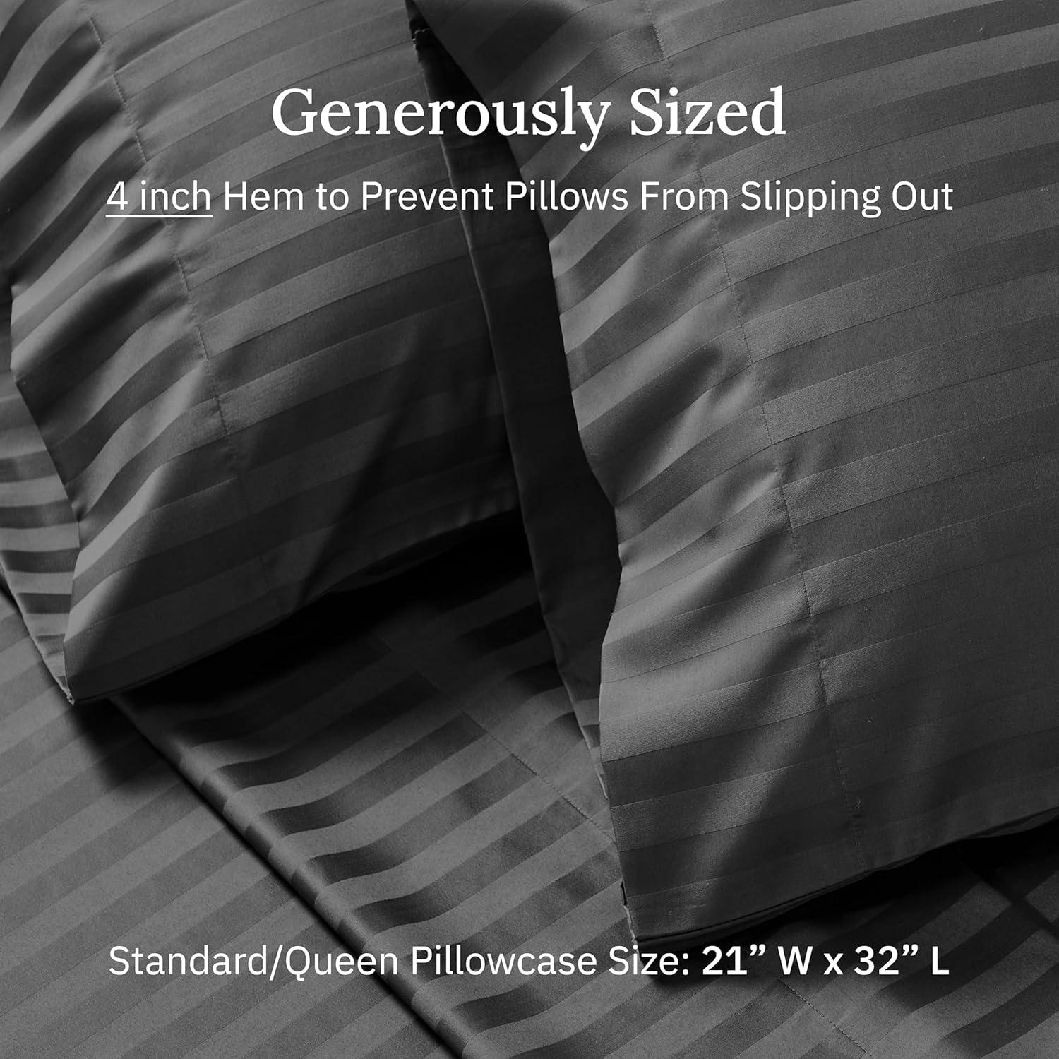 Luxury 500 Thread Count Pillowcase Set - 100% Cotton Sateen, Breathable by California Design Den - Dark Gray Striped, Standard/Queen Pillowcases