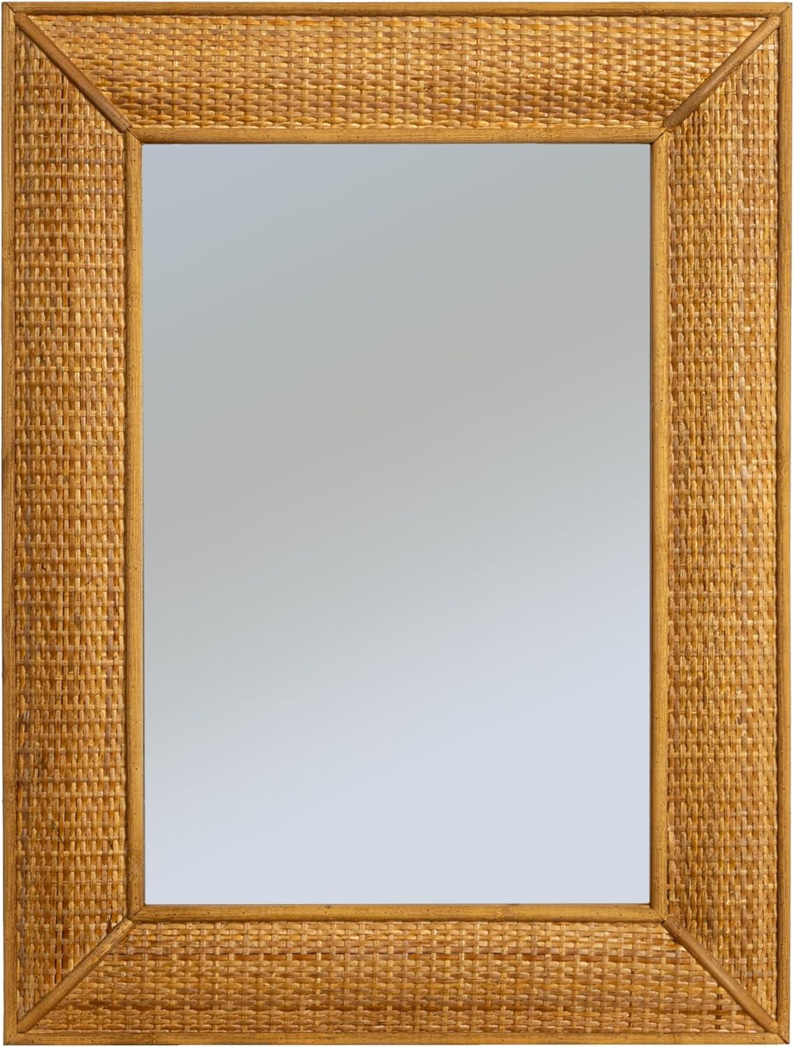 Creative Co-Op Rectangle Wood Framed Wall Mirror with Rattan Detail, Brown