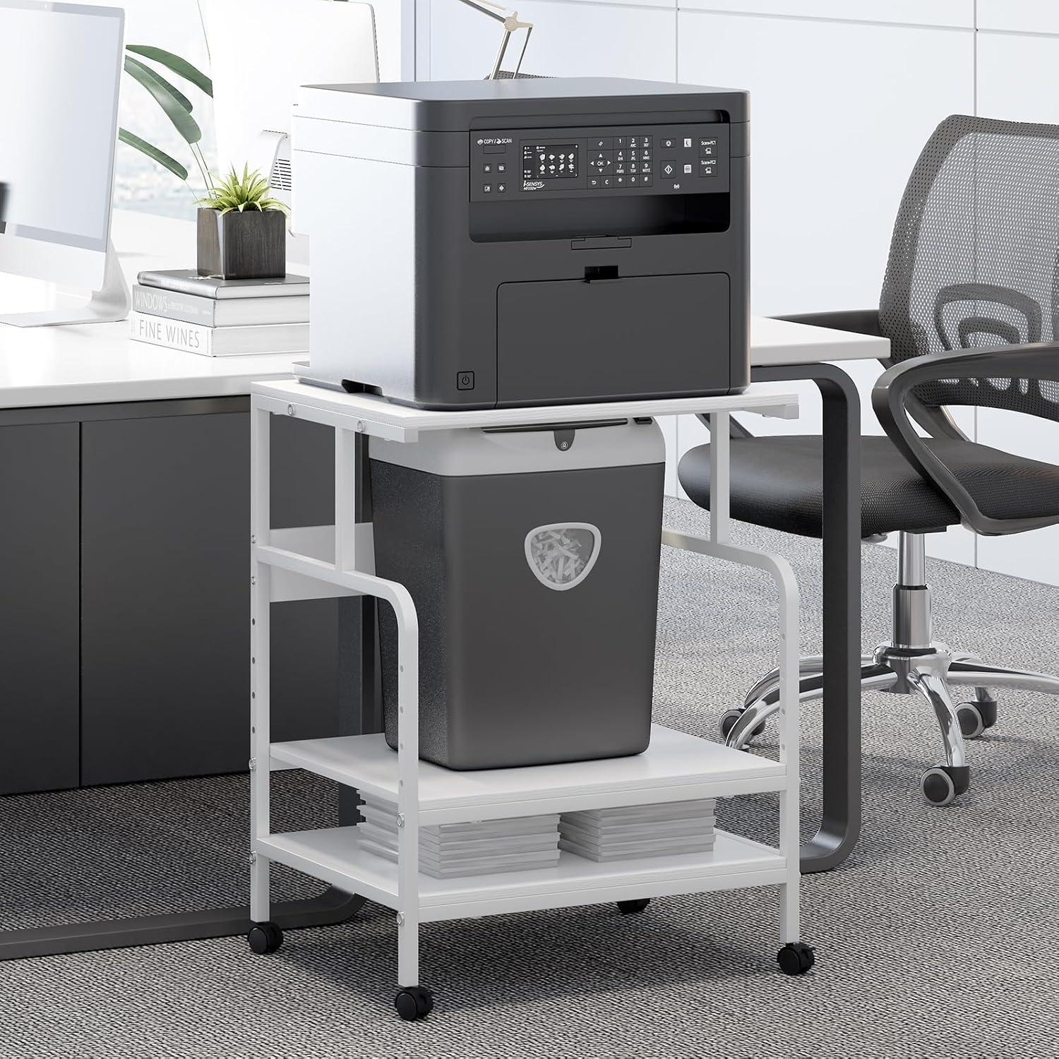 Large Printer Stand with Storage Shelf, 23.6" W x 18.9" D Printer Cart with Wheels, 3 Tier Mobile Printer Table for Home Office,Stands for Printer Heat Press Scanner Fax (White)