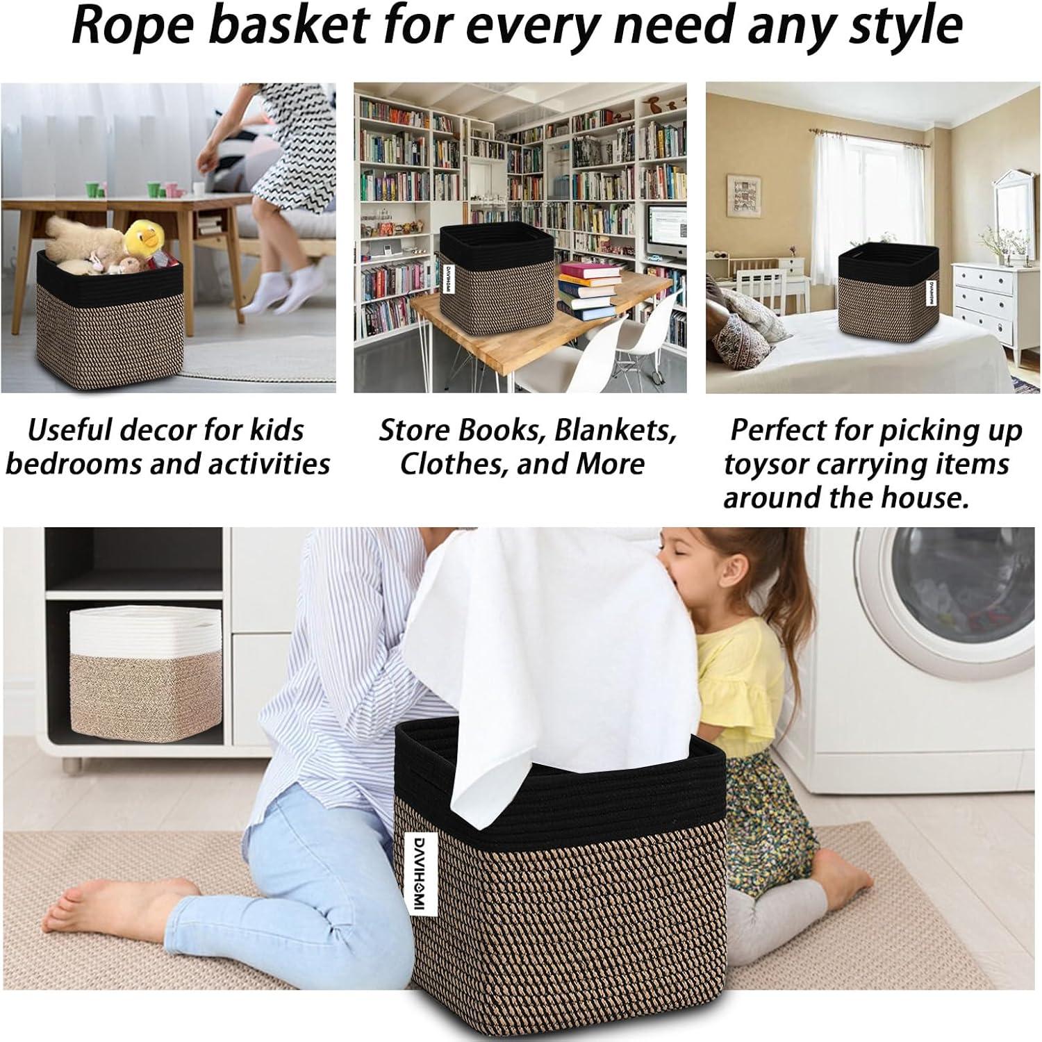 Storage Cube Baskets for Organizing-3 Pack - 11 inch Square Baskets for Cube Storage Closet Storage Bins- Woven Cube Storage Bins for Shelves- Cube Drawer-Toy Storage |White & Black