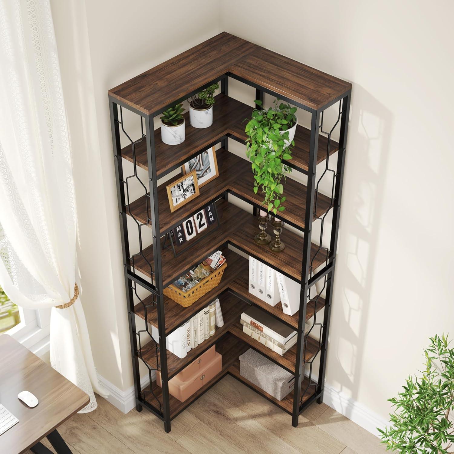 Rustic Brown 7-Tier Wood and Metal Corner Bookshelf