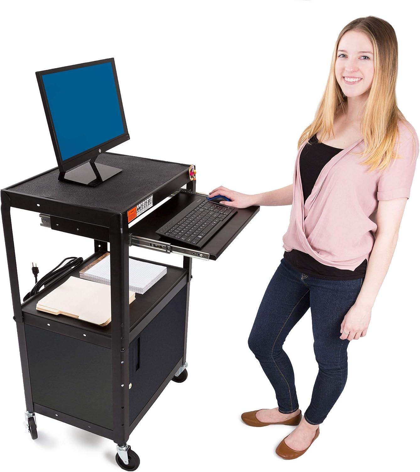 Black Adjustable Height AV Cart with Locking Cabinet and Keyboard Tray