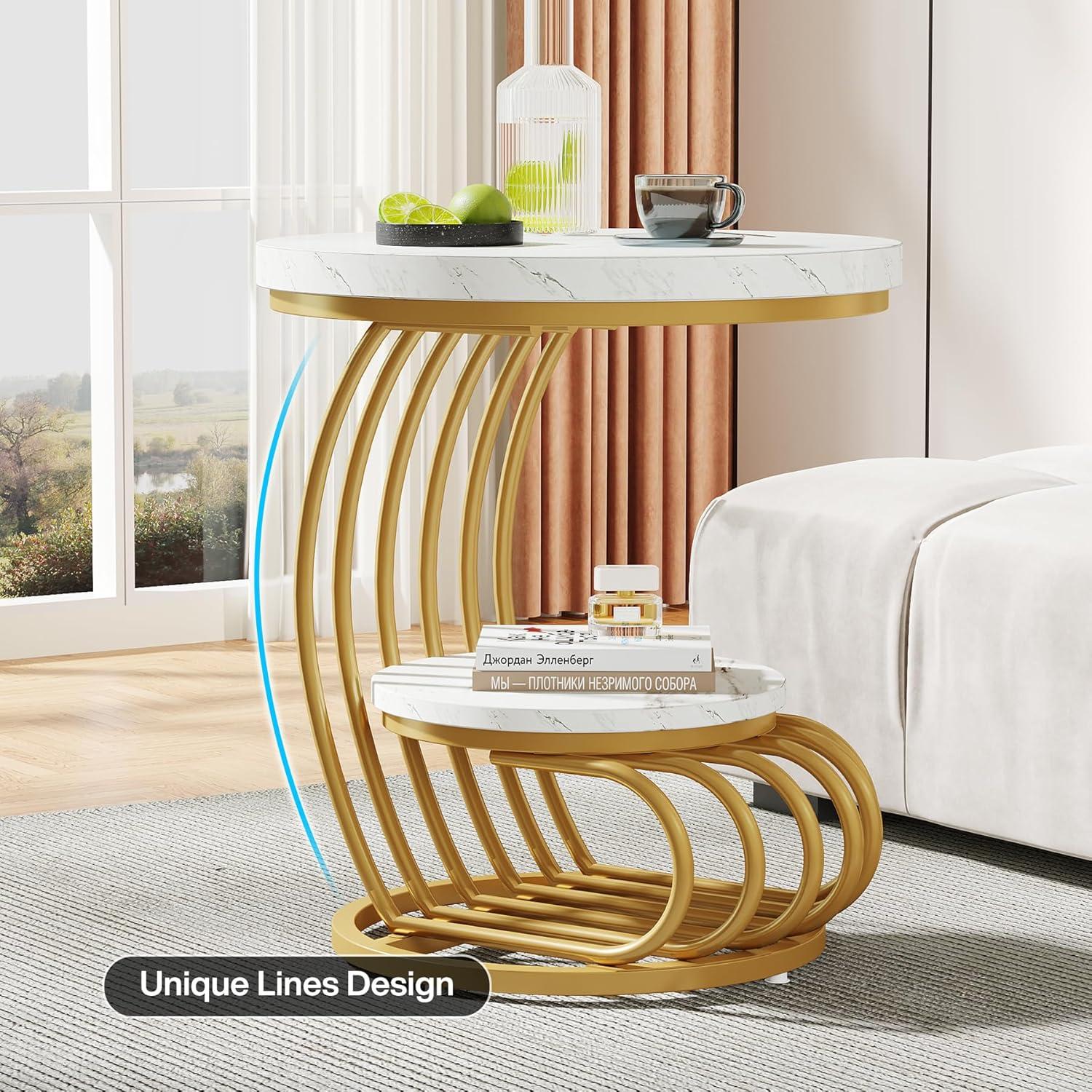 Hommoo Round End Table, 2 Tiers Faux Marble Side Table with Storage Shelf White & Gold