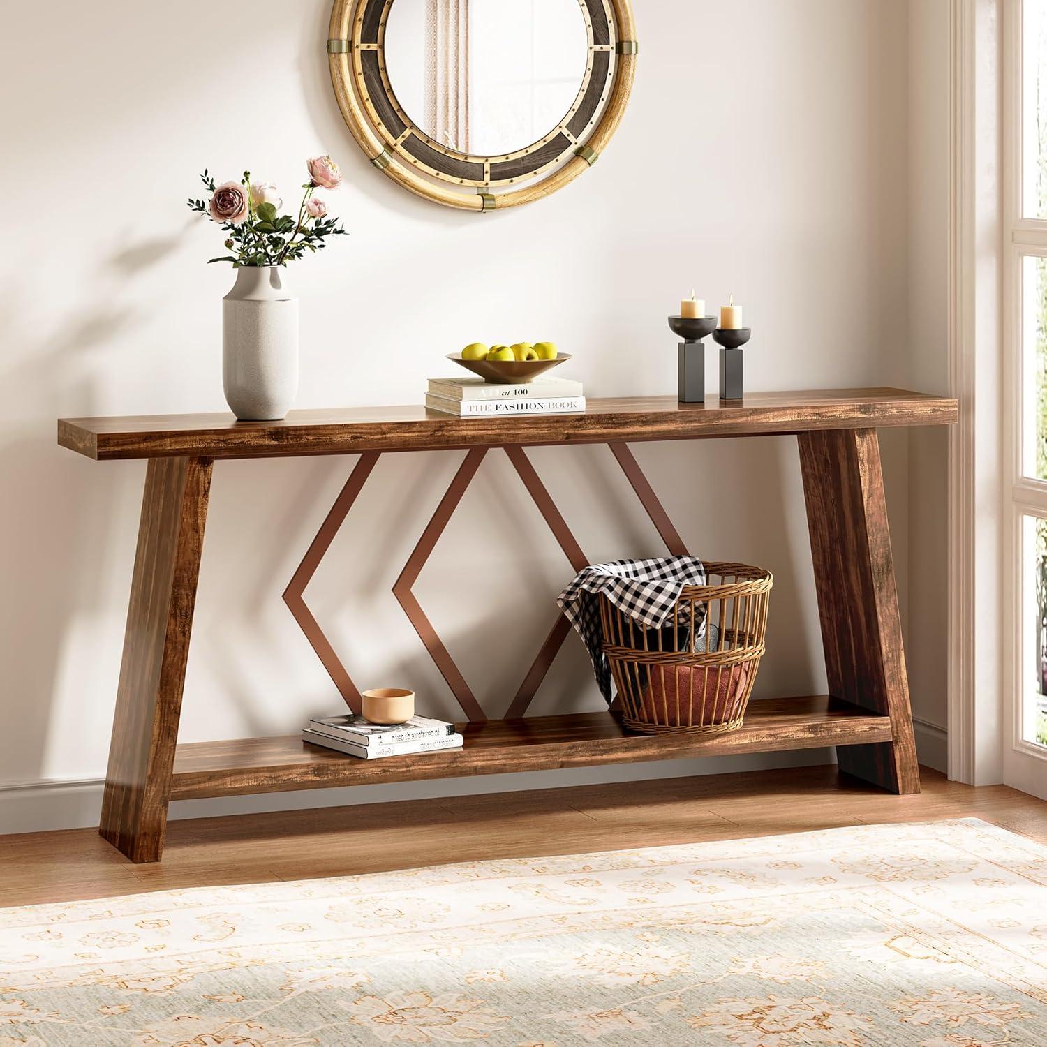 Rustic Brown Wood and Metal Console Table with Storage Shelf