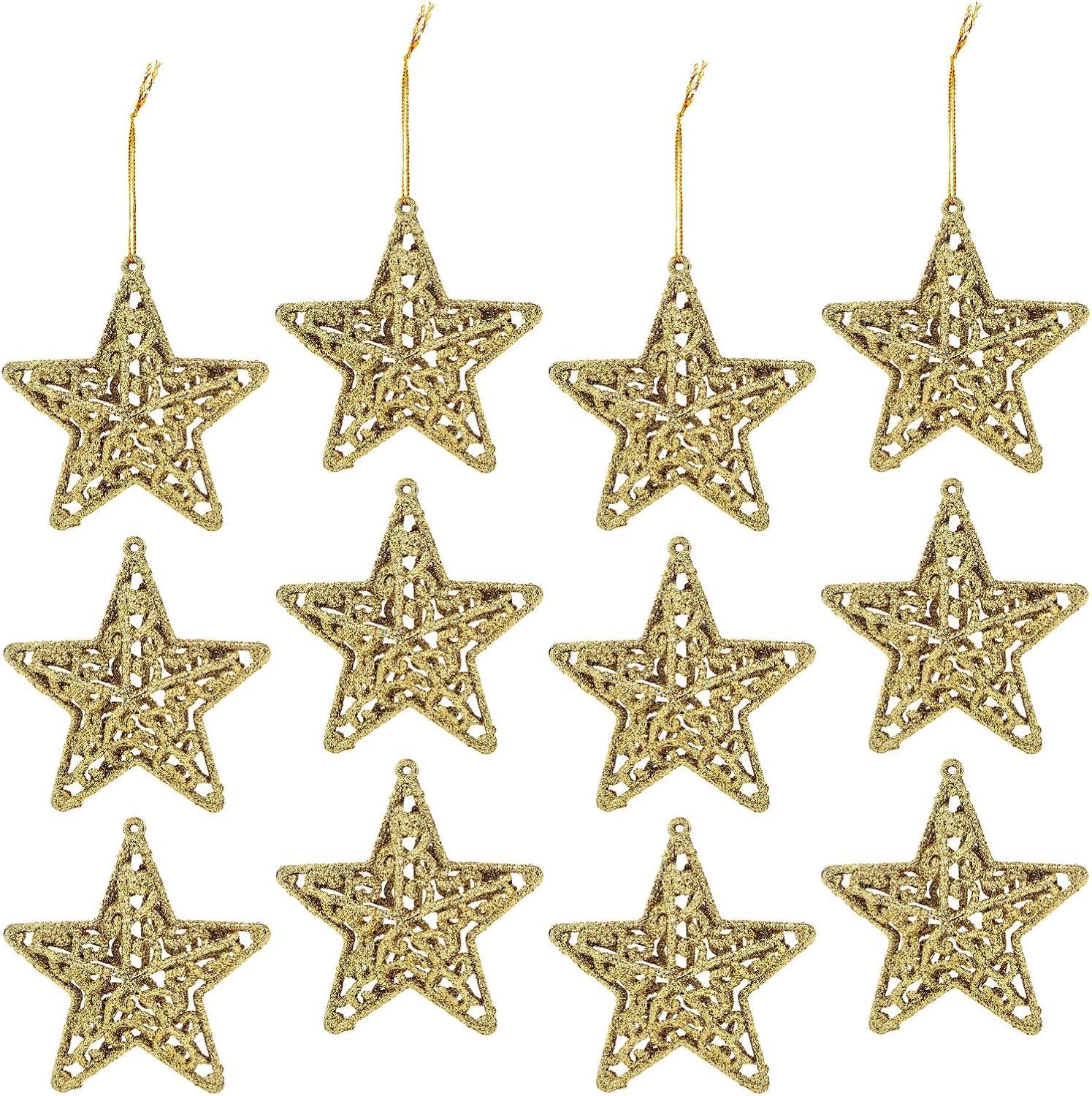 Gold Glitter 3D Star Christmas Tree Ornaments, 12 Pack