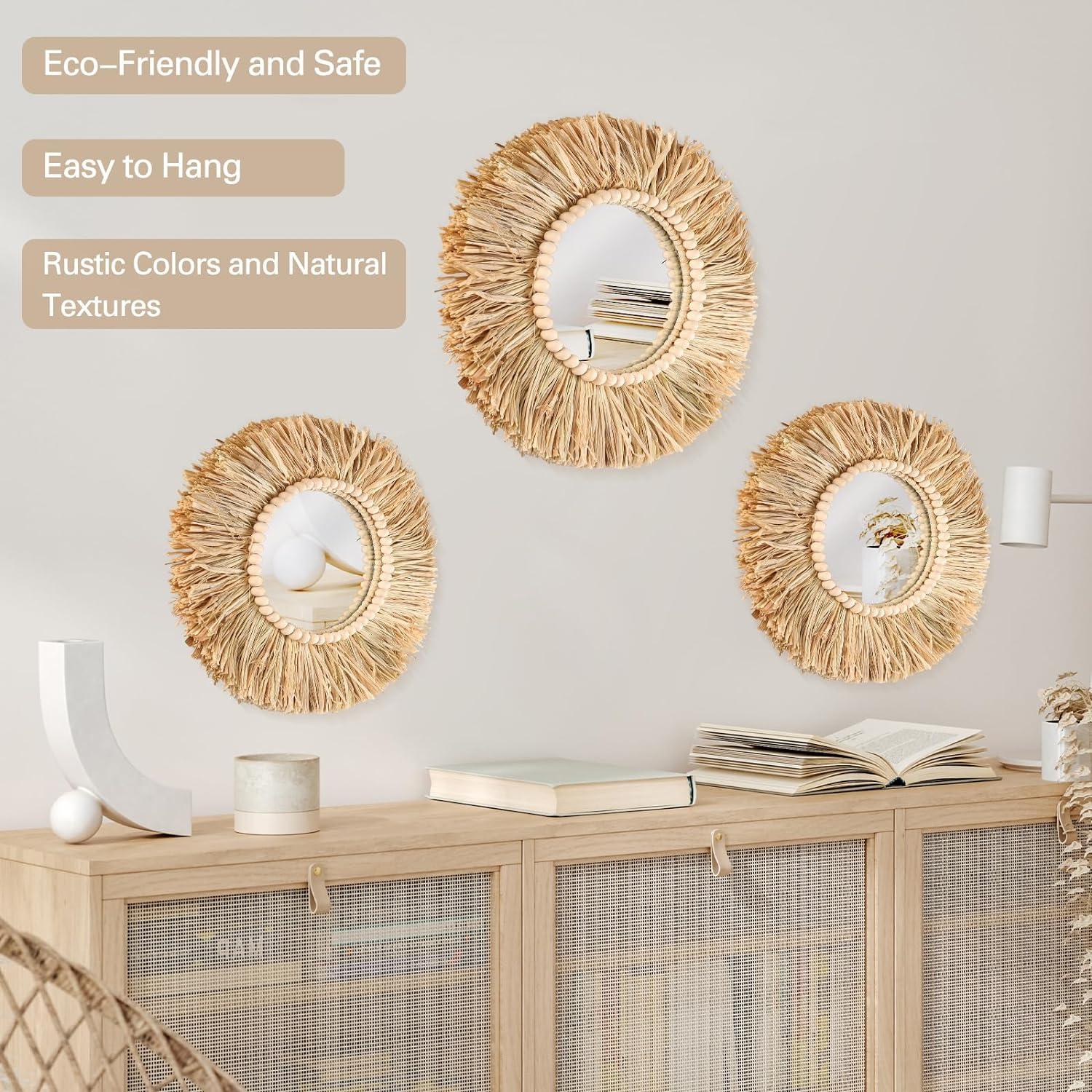 Natural Raffia and Bead Round Wall Mirrors Set