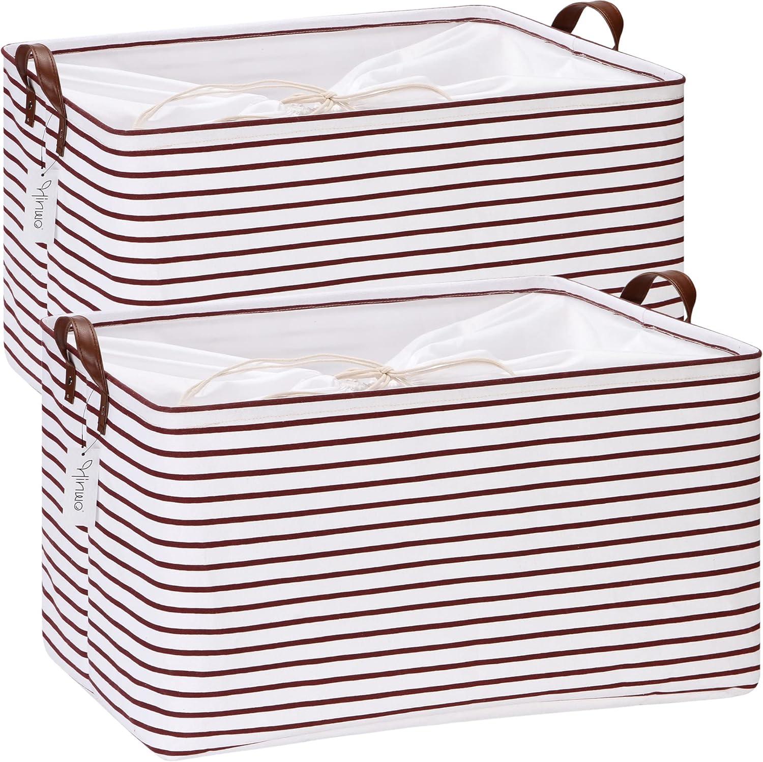 Hinwo 2-Pack Extra Large Canvas Fabric Storage Baskets with Handles, 70L Oversized Storage Bins, Collapsible Storage Box, Clothes, Toys, Blankets Organizers, 22 x 15 x 13 inches, (Purple Stripe)