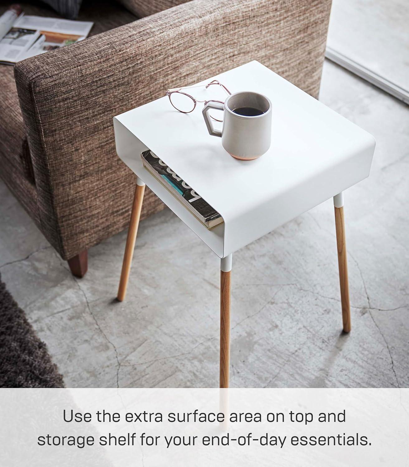 Yamazaki Home Tall Side Table With Storage Shelf, Rectangular Accent Bedside End Table, Steel + Wood