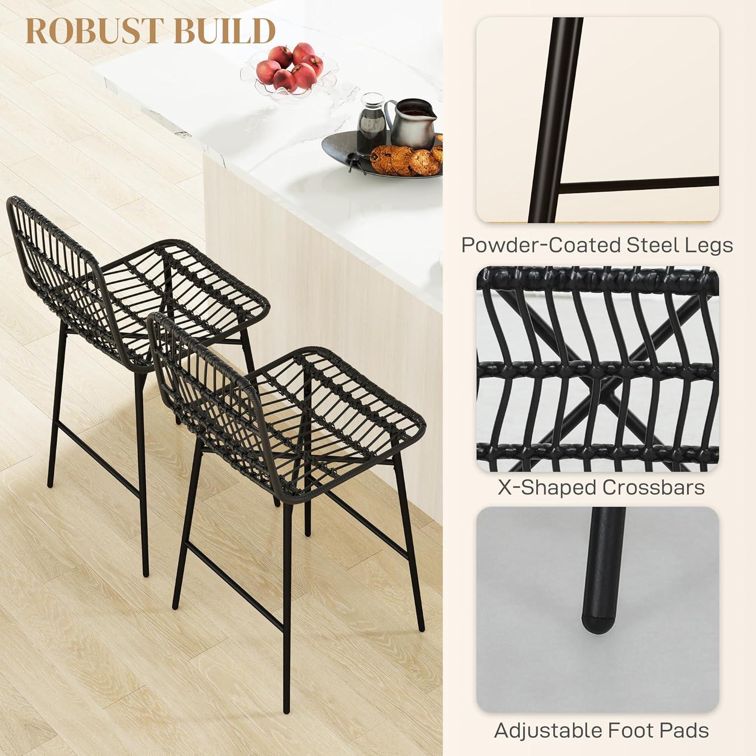 HOMCOM Rattan Counter Height Bar Stools Set of 2 Barstools with Back, Black