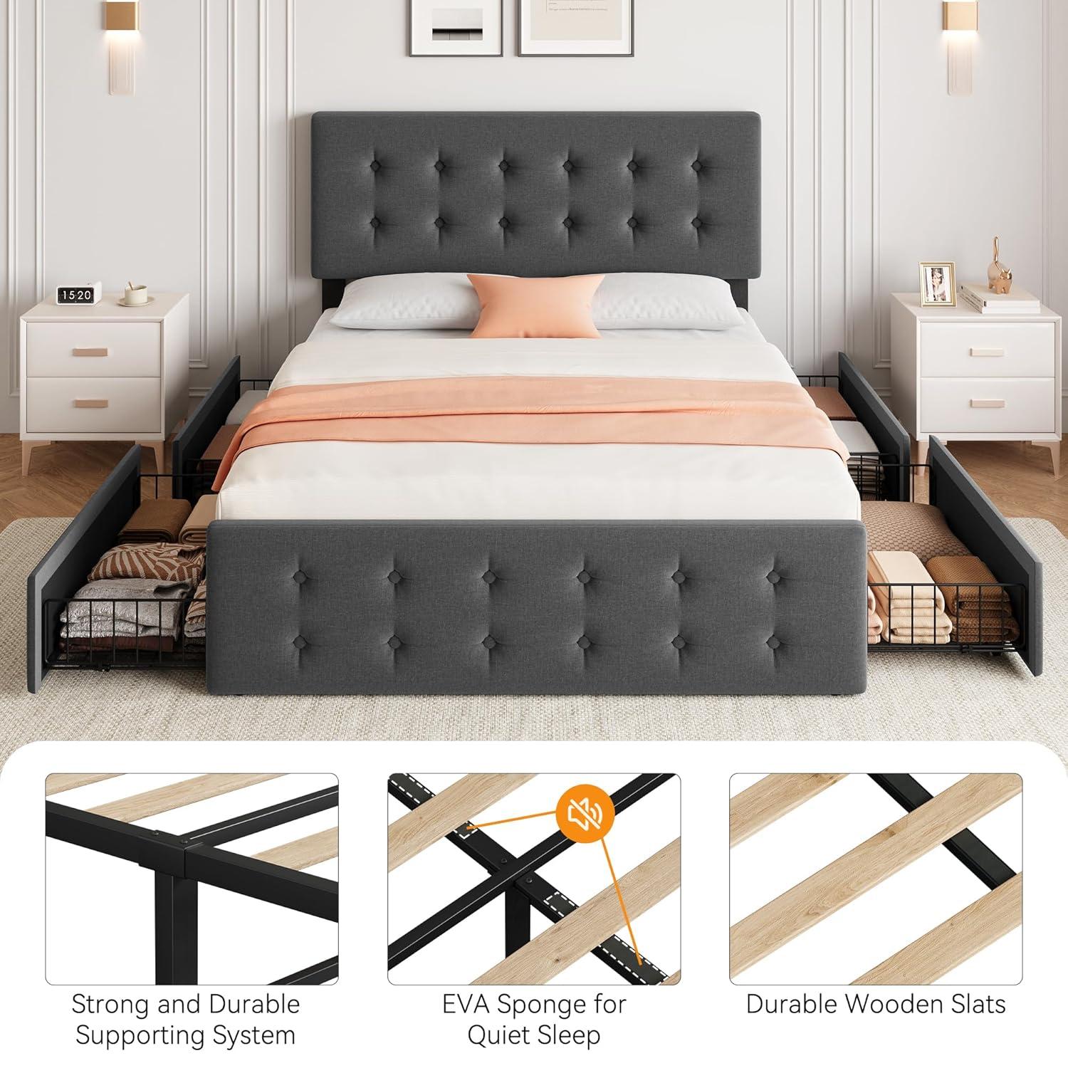 GAOMON Queen Size Bed Frame with 4 Storage Drawers and Headboard, Linen Upholstered Platform Bed Frame with Wooden Slats Support, Button Tufted Design, No Box Spring Needed, Dark Grey