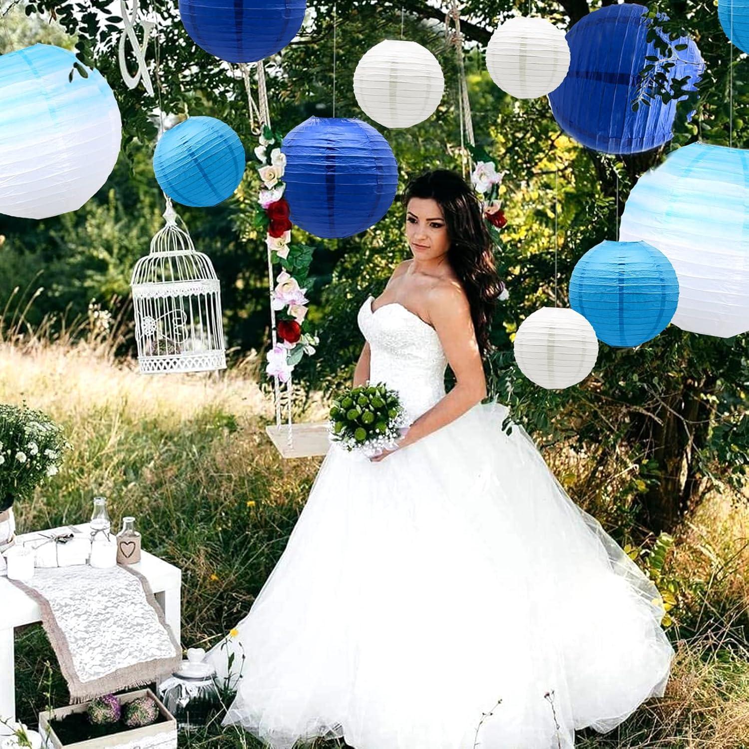 14 PCS Paper Lanterns, Gradient Colorful Blue Round Paper Lanterns Decorative Lantern Lamps, Hanging Paper Lanterns Chinese Tissue Paper Lanterns Indoor Room & Outdoor Party Supplies Decoration