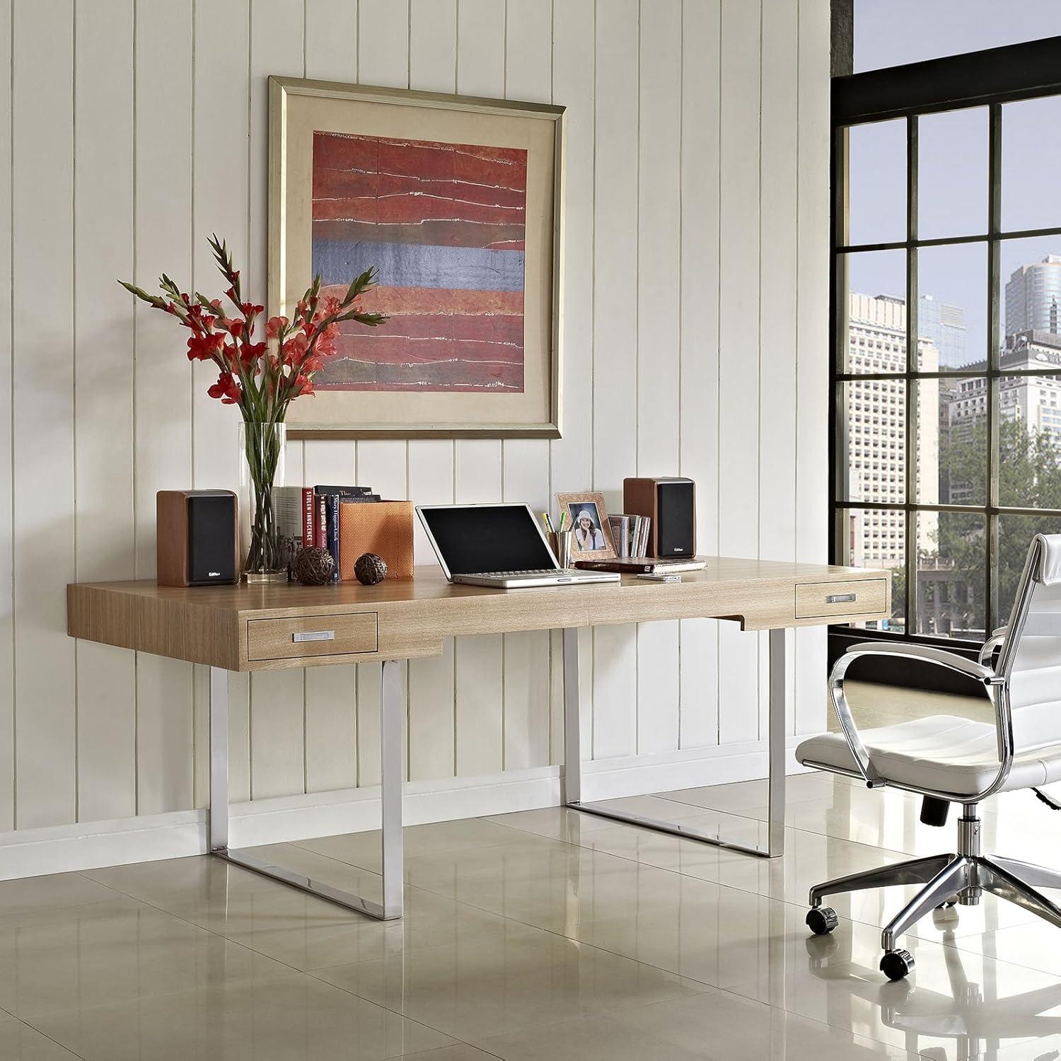 Modway Tinker Modern Stainless Steel & Wood Office Desk in Walnut