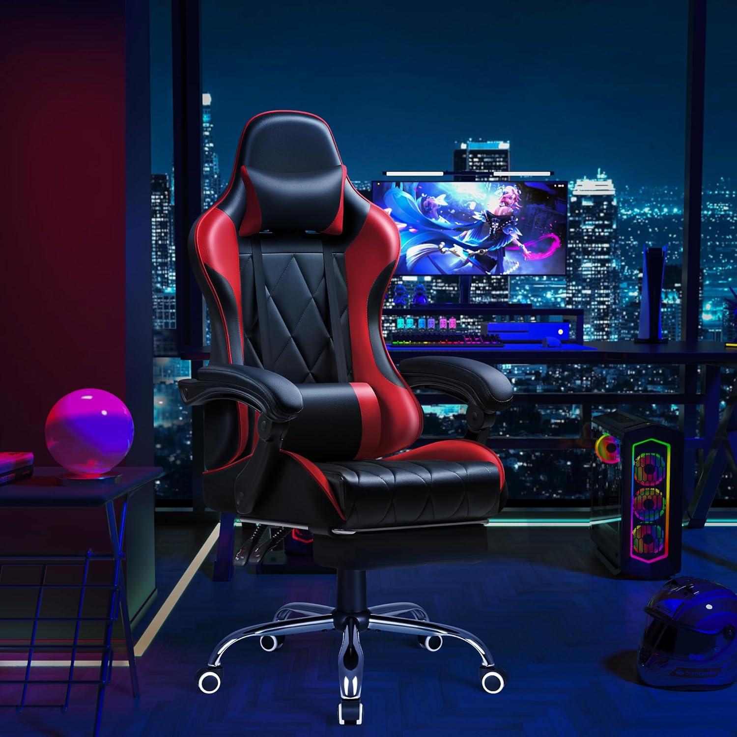 Shahoo Gaming Chair with Footrest and Massage Lumbar Support, Computer Game Chairs Ergonomic Office Seat Height Adjustable with Headrest, Red