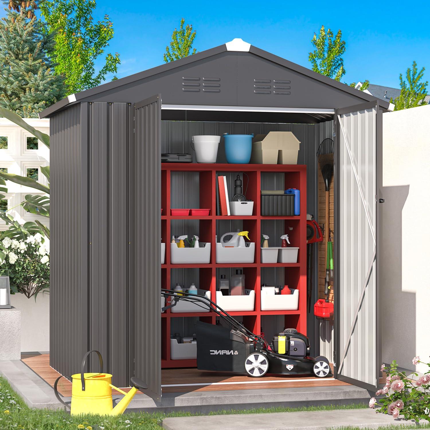AECOJOY 12' x 10' Outdoor Storage Shed with Lockable Door Patio Metal Garden Storage Building in Dark Gray for Outside