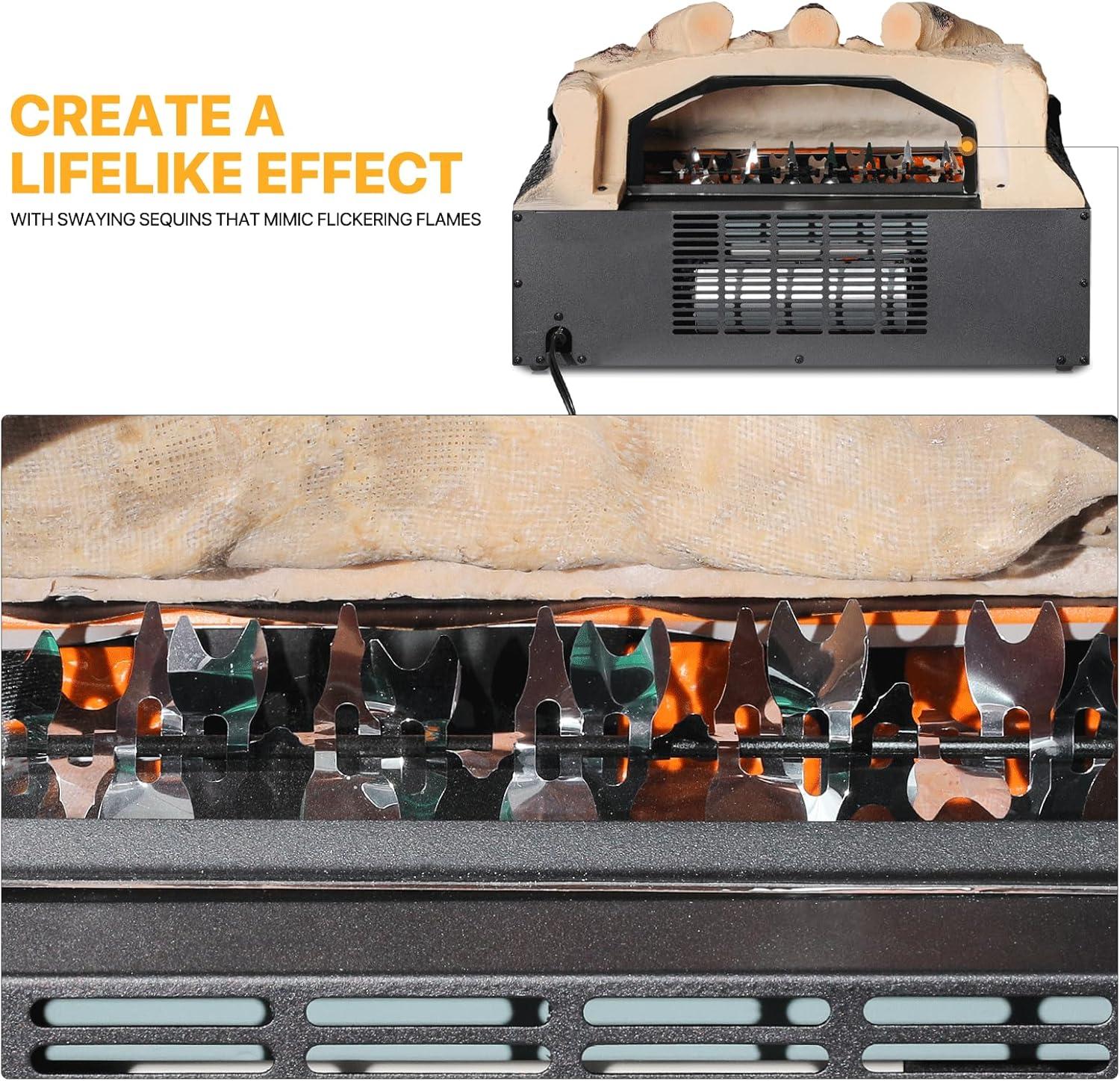 20" Electric Fireplace Log Set Heater with Realistic Ember Bed, Remote, Adjustable Flame Brightness