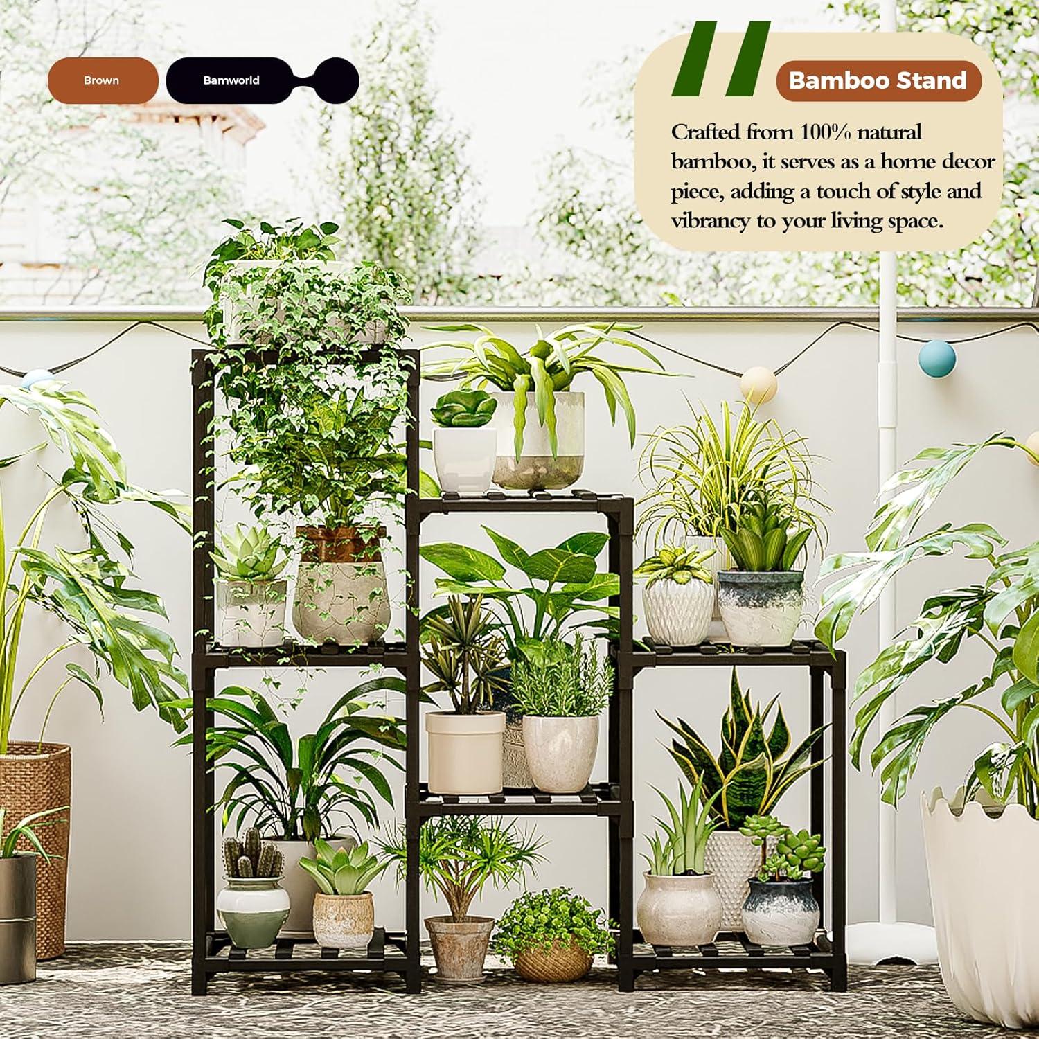 Black 3-Tier Bamboo Ladder Plant Stand for 7 Pots