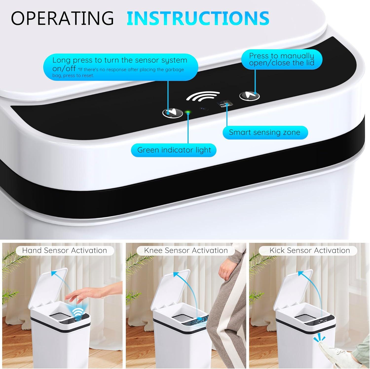 VQJTCVLY 2Pack Bathroom Small Trash Can with Lid, 2.6 Gallon Touchless Automatic Garbage Can Slim Waterproof Motion Sensor Smart Trash Bin for Bedroom, Office, Kitchen, Living Room (White)