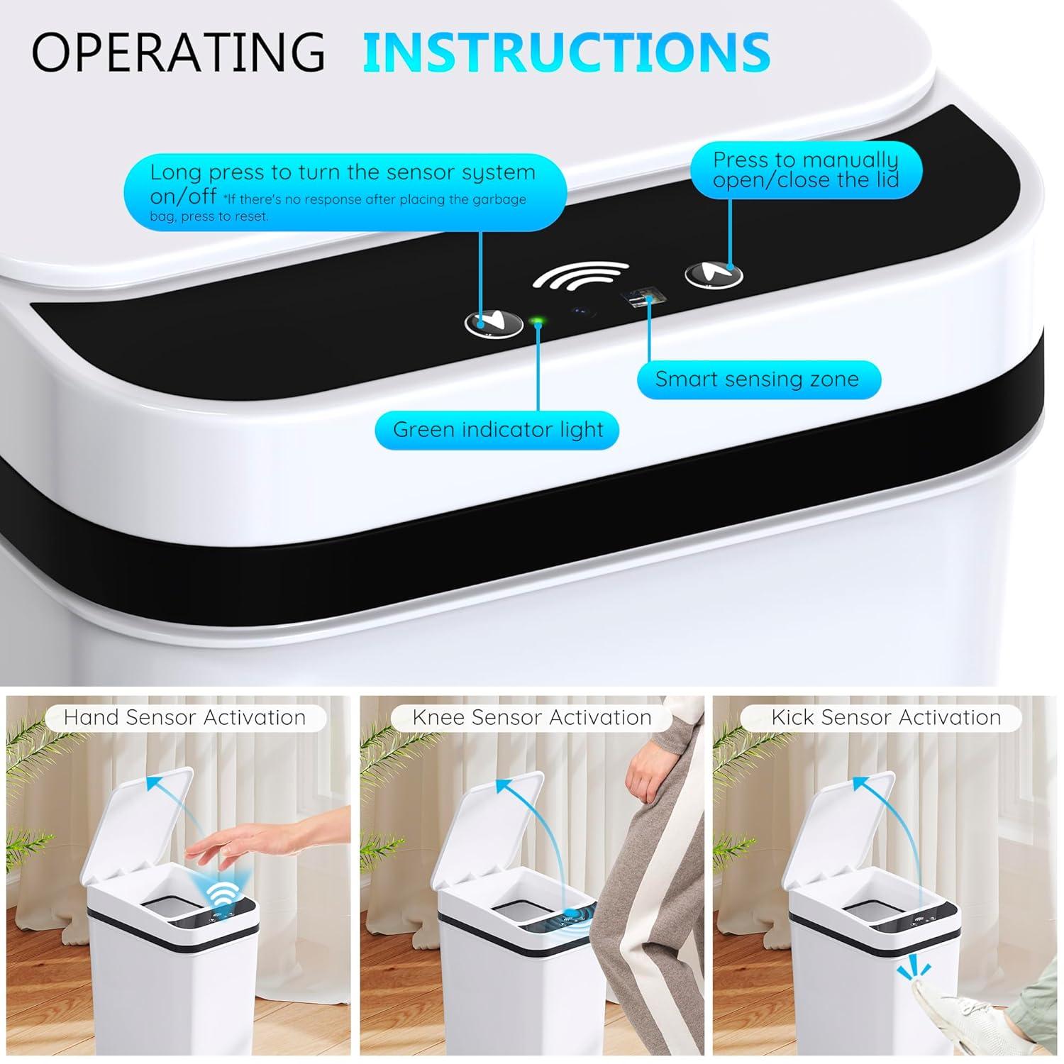 VQJTCVLY 2Pack Bathroom Small Trash Can with Lid, 2.6 Gallon Touchless Automatic Garbage Can Slim Waterproof Motion Sensor Smart Trash Bin for Bedroom, Office, Kitchen, Living Room (White)