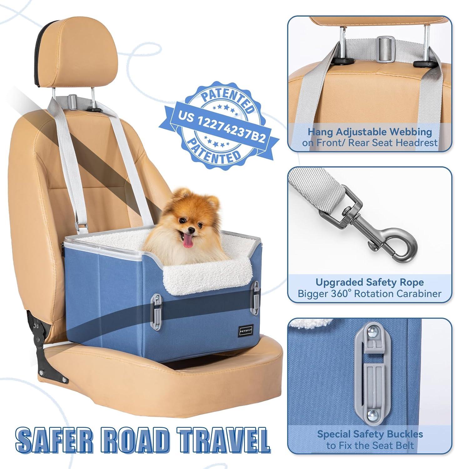 PETSFIT Small Dog Car Seat, Puppy Portable Dog Booster seat for Car with Clip-On Leash, Adjustable Straps Suitable for Small Pets Up to 25lbs ,Navy Blue