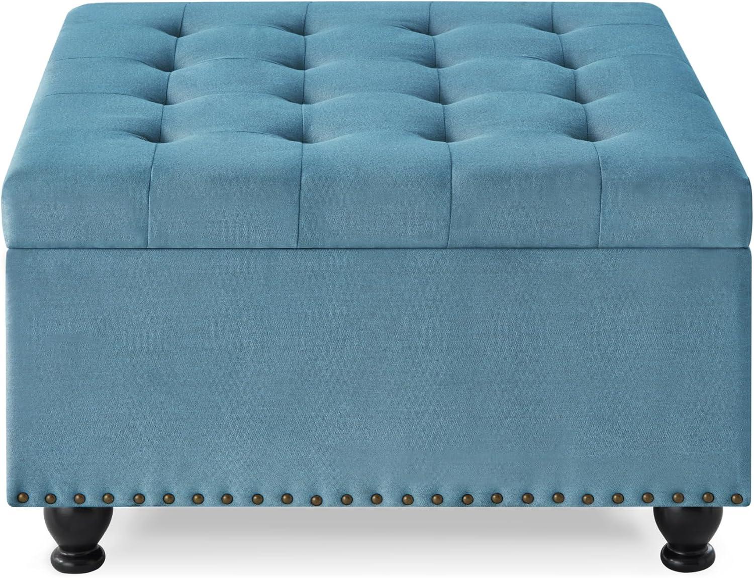 Light Blue Linen Upholstered Square Storage Ottoman with Nail Trim