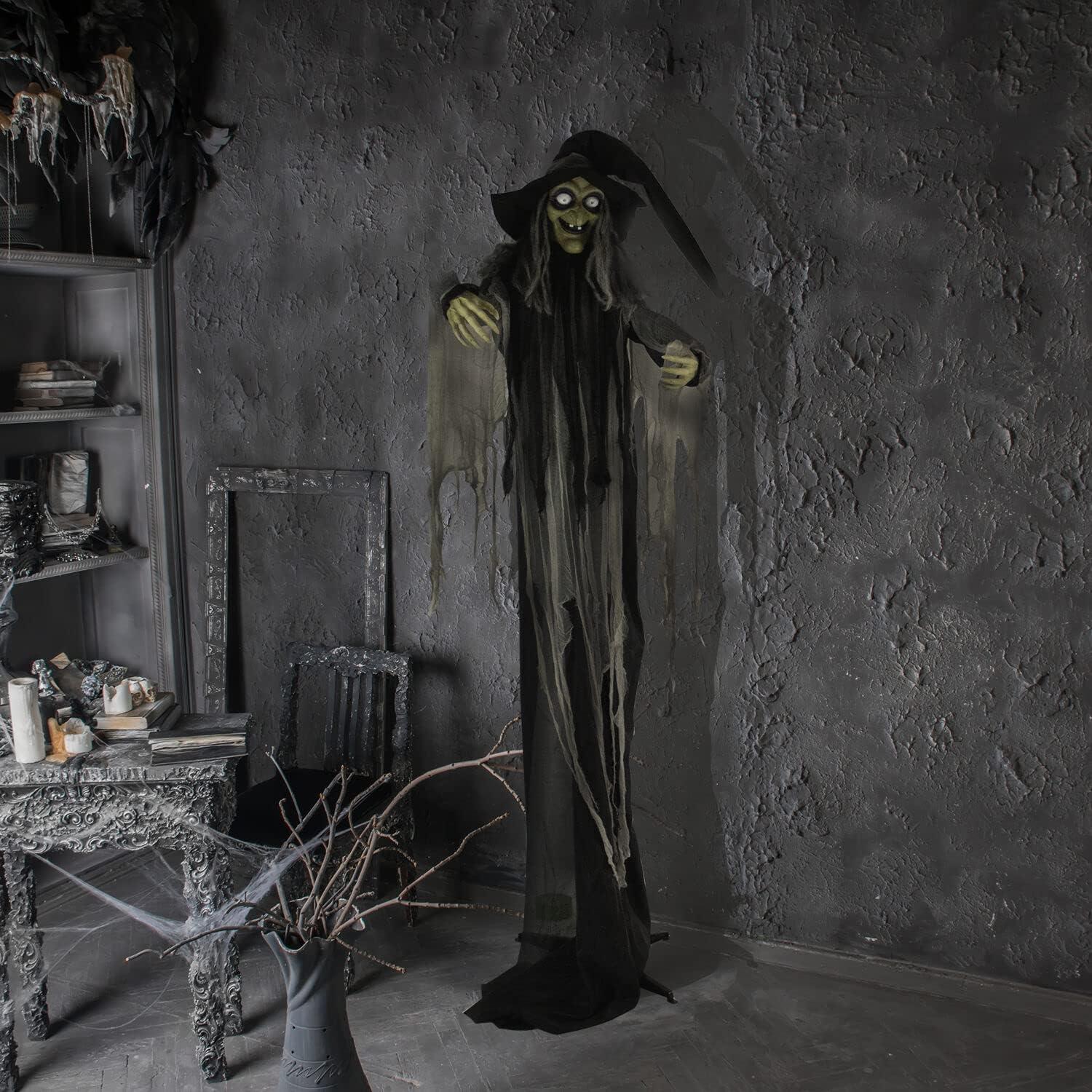Haunted Hill Farm 9.5-Ft. Animatronic Witch, Indoor or Covered Outdoor Halloween Decoration, Light-up White Eyes, HHWITCH-16FLSA