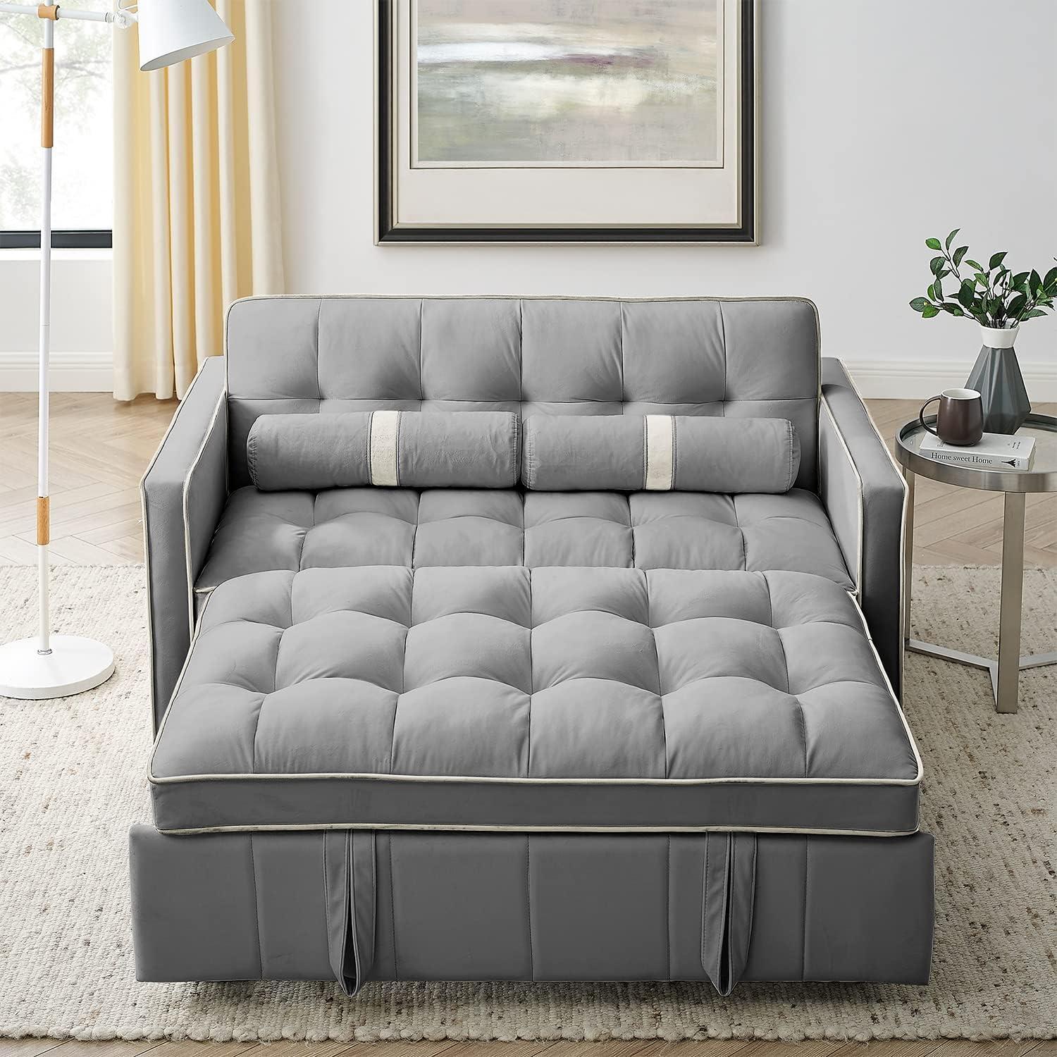 Yeahumalia 3 in 1 Convertible Velvet Loveseat Sleeper Futon Sofa Bed, Pull Out Couch with Side Table for Living Room, Bedroom, Grey