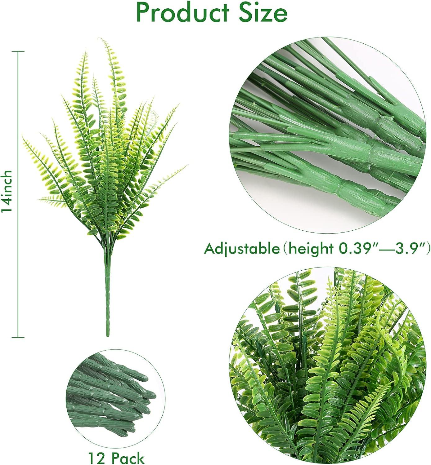 12 Bundles Artificial Ferns for Outdoors Fake Boston Fern Large Greenery Plants UV Resistant Faux Plastic Plants Shrubs for Garden Front Porch Window Box Indoor Outdoor Decoration