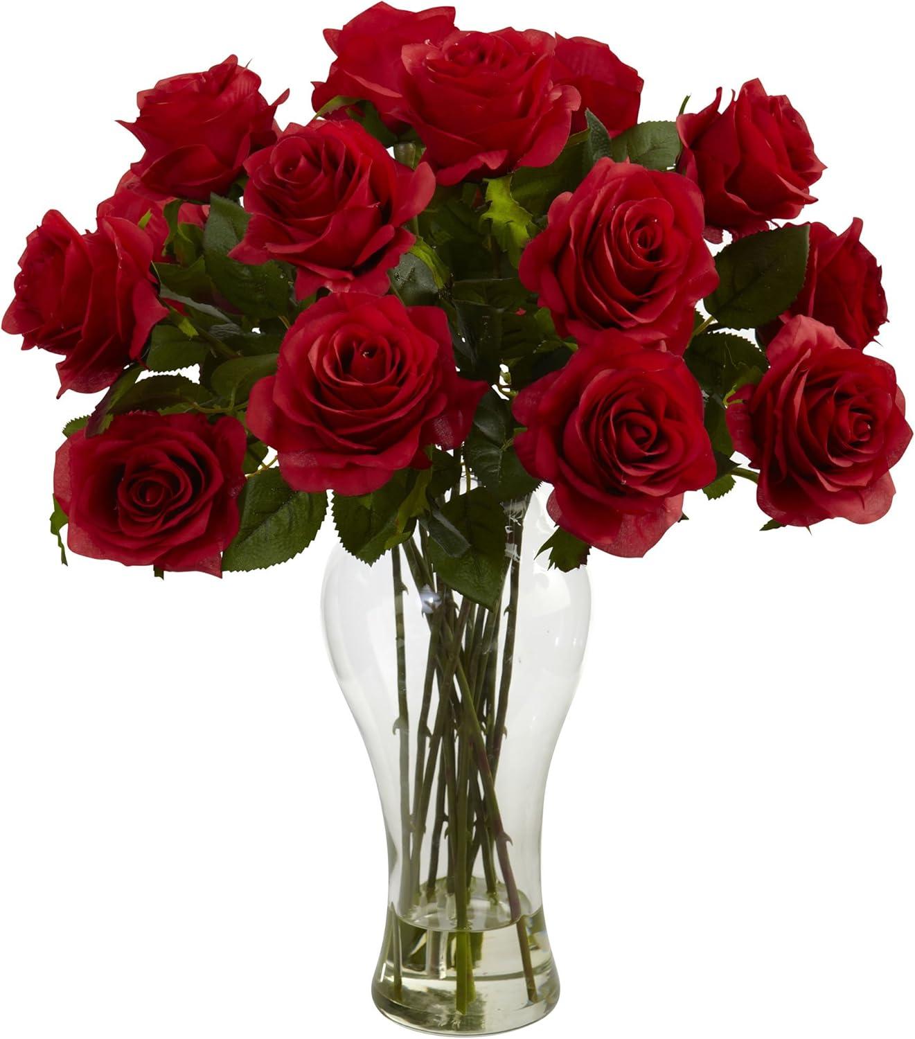 Nearly Natural Red Blooming Roses with Clear Vase