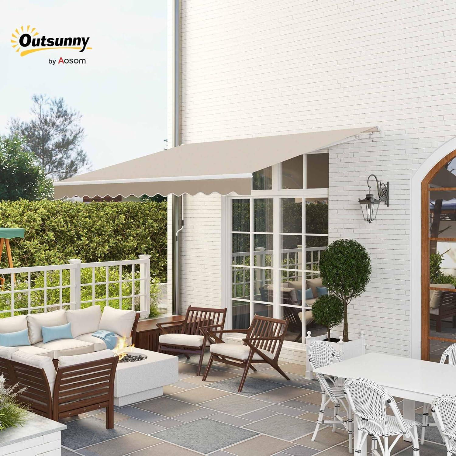 Outsunny 12' x 10' Retractable Awning Patio Awnings Sun Shade Shelter with Manual Crank Handle, 280g/m² UV & Water-Resistant Fabric and Aluminum Frame for Deck, Balcony, Yard, Cream White