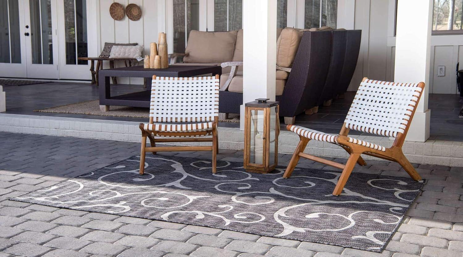 Unique Loom 4' 1 x 6' 1 Rectangle Indoor/Outdoor Botanical Charcoal Gray Area Rug