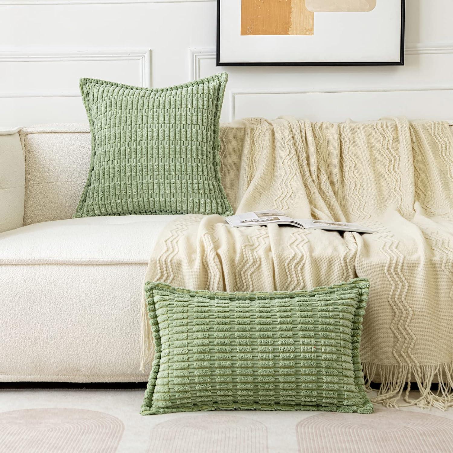 Boho Sage Green Striped Corduroy Pillow Covers - Set of 2 | Farmhouse Rectangle Cushion Cases for Sofa Couch Bed | Soft Decorative Throw Pillowcases - 12x20 Inch Home Decor