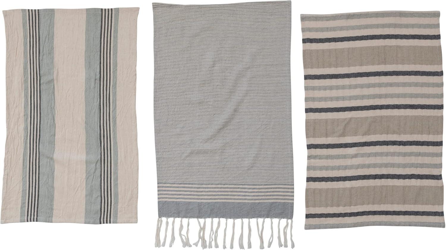 Creative Co-Op Cotton Tea Towels with Stripes and Fringe, Set of 3 Styles