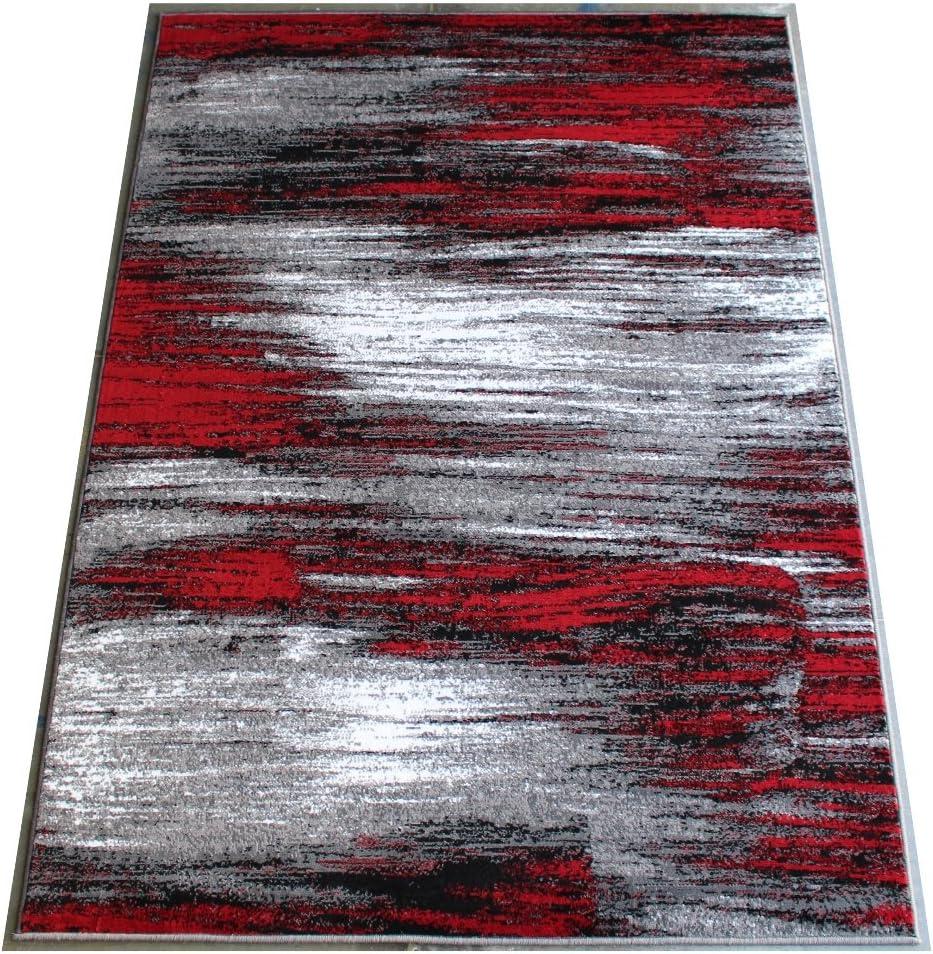 BizChair Modern Contemporary Area Rug, Red Grey Black (5 Feet X 7 Feet)