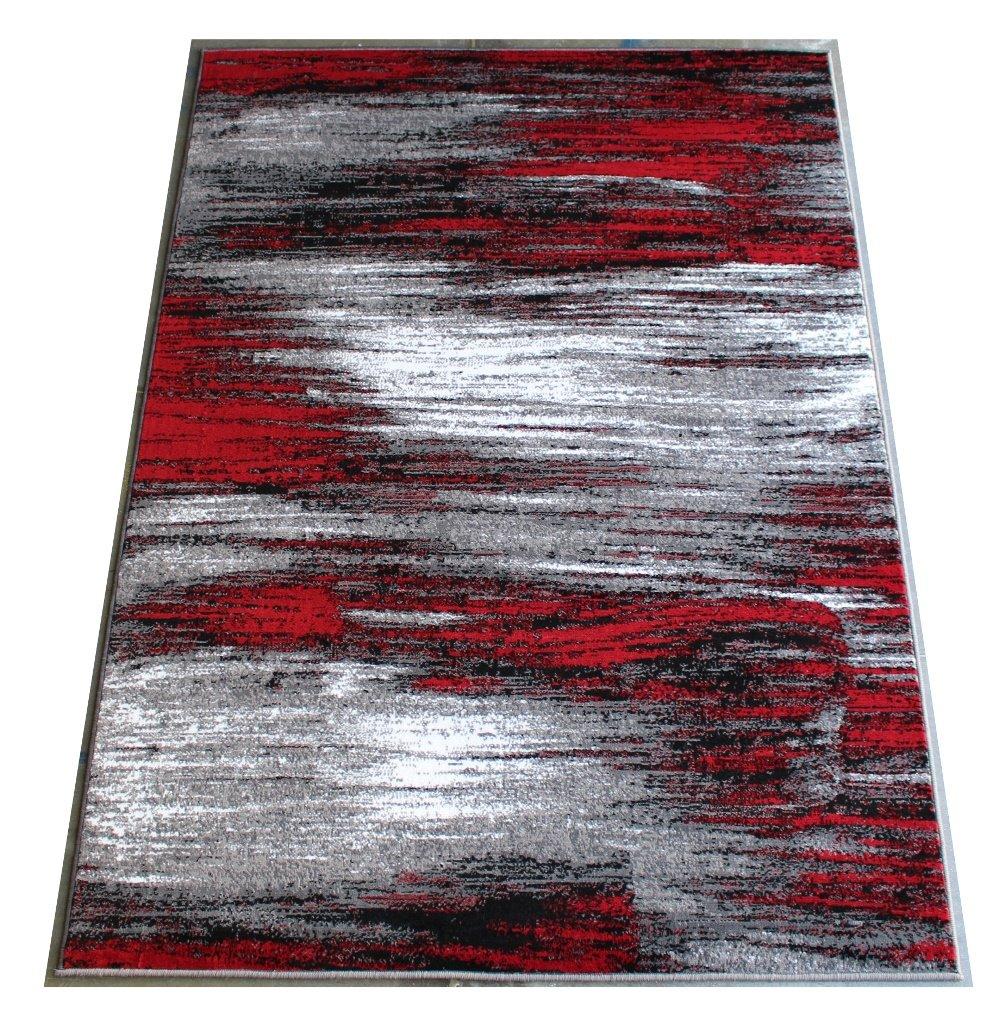 BizChair Modern Contemporary Area Rug, Red Grey Black (5 Feet X 7 Feet)