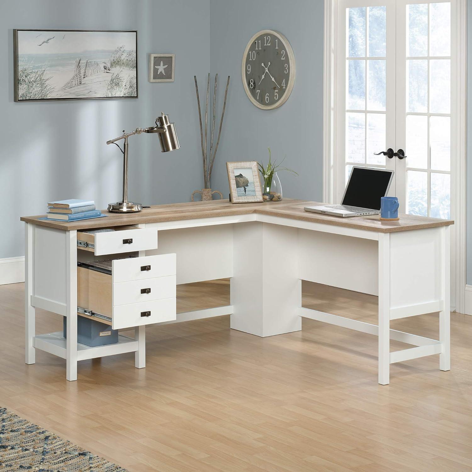 Cottage Corner White Wood Desk with Drawer and Filing Cabinet