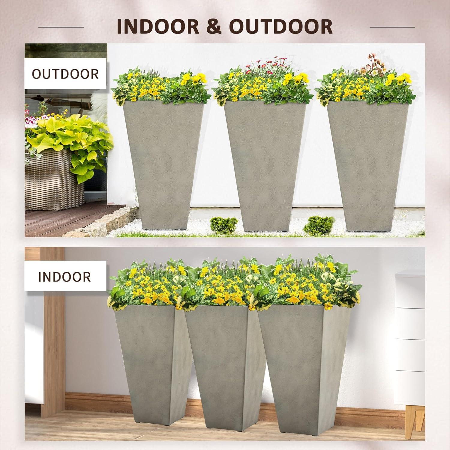 Set of 3 Tall Gray Polypropylene Square Planters with Drainage Hole